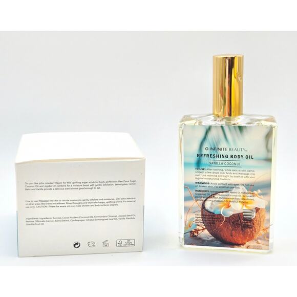 INFINITE BEAUTY Body Oil in Vanilla Coconut W/ INDIE LEE Coconut Body Scrub - Picture 2 of 5